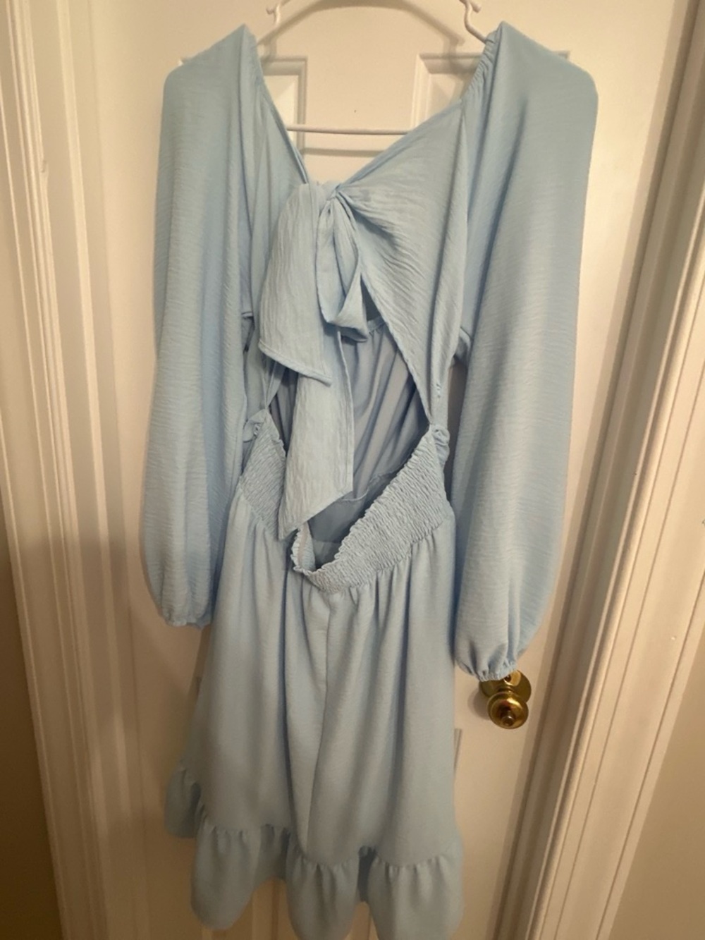 Light Blue Midi Dress with Back Tie and Smocked Waist